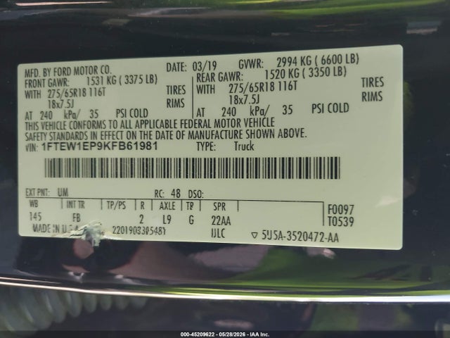 Aukcja sprzedaży 2019 Ford F-150 Xlt, vin: 1FTEW1EP9KFB61981, numer aukcji: 45209622