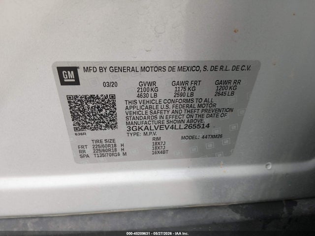 Aukcja sprzedaży 2020 Gmc Terrain Awd Slt, vin: 3GKALVEV4LL265514, numer aukcji: 45209631
