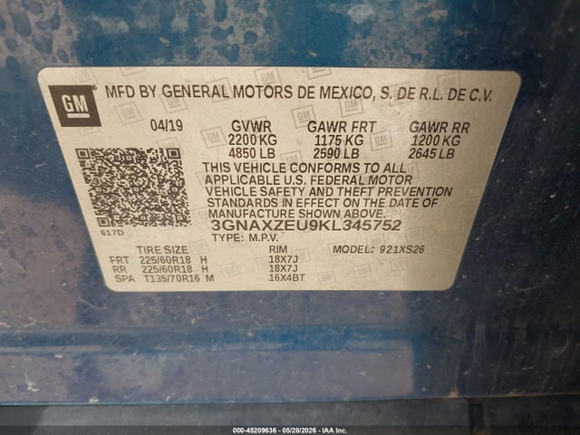 Aukcja sprzedaży 2019 Chevrolet Equinox Premier, vin: 3GNAXZEU9KL345752, numer aukcji: 45209636