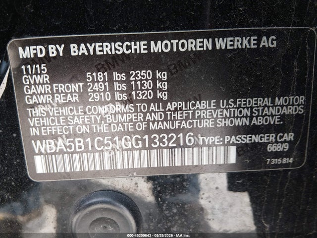 45209643 :رقم المزاد ، WBA5B1C51GG133216 vin ، 2016 Bmw 535i مزاد بيع