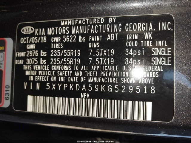 2019 Kia Sorento 3.3l Sxl მანქანა იყიდება აუქციონზე, vin: 5XYPKDA59KG529518, აუქციონის ნომერი: 45209644