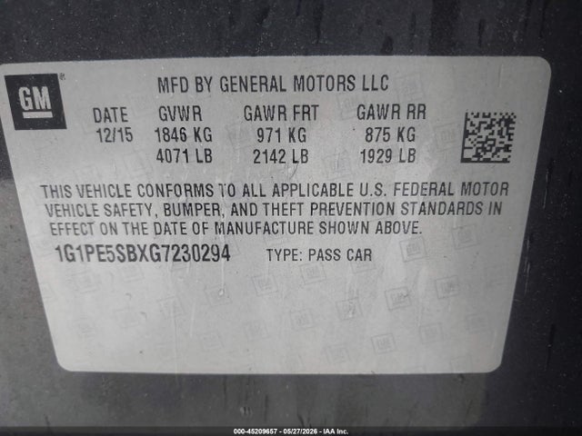 Продаж на аукціоні авто 2016 Chevrolet Cruze Limited 1lt Auto, vin: 1G1PE5SBXG7230294, номер лоту: 45209657