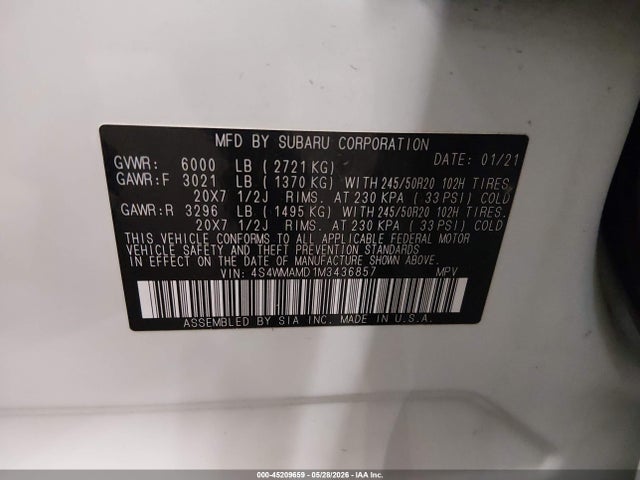 Aukcja sprzedaży 2021 Subaru Ascent Limited, vin: 4S4WMAMD1M3436857, numer aukcji: 45209659
