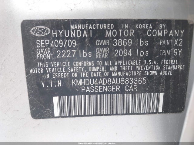 45209665 :رقم المزاد ، KMHDU4AD8AU883365 vin ، 2010 Hyundai Elantra Gls مزاد بيع
