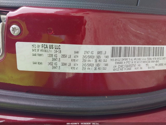 Продаж на аукціоні авто 2019 Chrysler Pacifica Touring Plus, vin: 2C4RC1FG6KR537747, номер лоту: 45209678