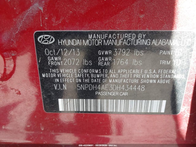Aukcja sprzedaży 2013 Hyundai Elantra Gls, vin: 5NPDH4AE3DH434448, numer aukcji: 45209691