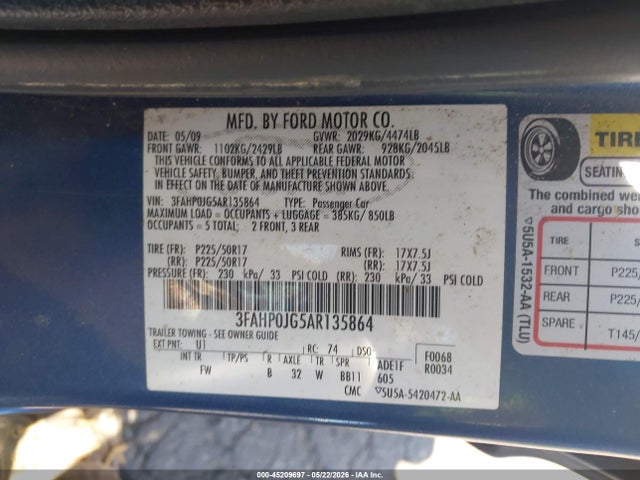 Aukcja sprzedaży 2010 Ford Fusion Sel, vin: 3FAHP0JG5AR135864, numer aukcji: 45209697