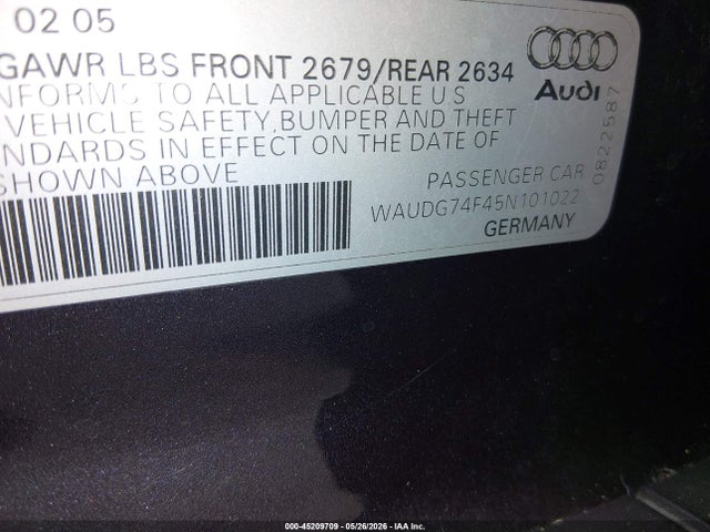 45209709 :رقم المزاد ، WAUDG74F45N101022 vin ، 2005 Audi A6 3.2 مزاد بيع