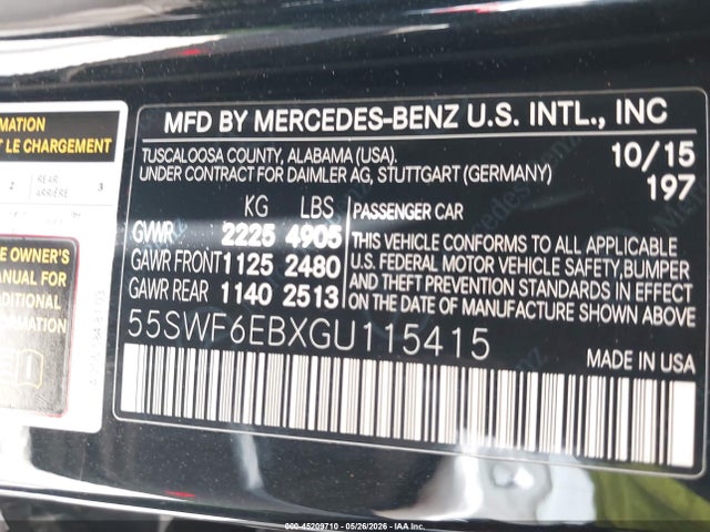 45209710 :رقم المزاد ، 55SWF6EBXGU115415 vin ، 2016 Mercedes-benz C 450 Amg 4matic مزاد بيع