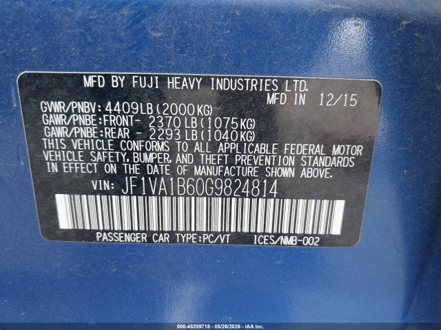 Aukcja sprzedaży 2016 Subaru Wrx, vin: JF1VA1B60G9824814, numer aukcji: 45209718