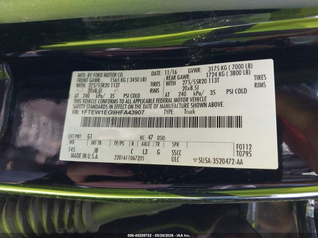 2017 Ford F-150 Xlt მანქანა იყიდება აუქციონზე, vin: 1FTEW1EG9HFA43907, აუქციონის ნომერი: 45209752