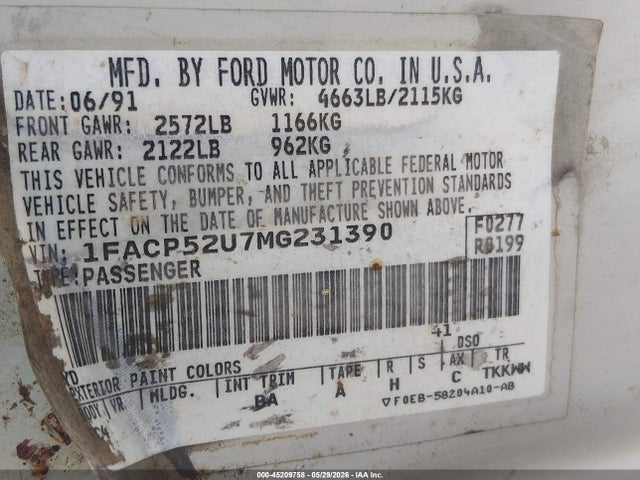 Продажа на аукционе авто 1991 Ford Taurus Gl, vin: 1FACP52U7MG231390, номер лота: 45209758