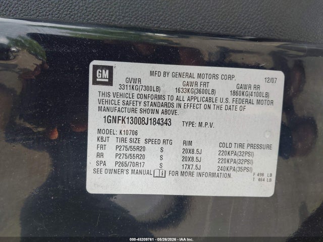 Aukcja sprzedaży 2008 Chevrolet Tahoe Lt, vin: 1GNFK13008J184343, numer aukcji: 45209761