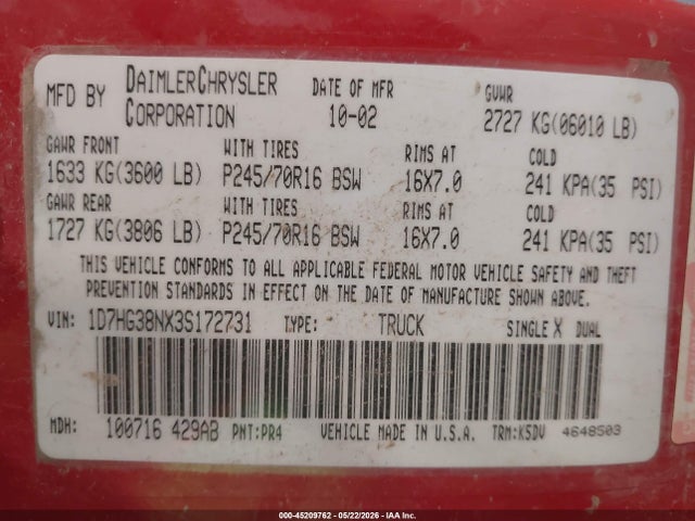 45209762 :رقم المزاد ، 1D7HG38NX3S172731 vin ، 2003 Dodge Dakota Sport/sxt مزاد بيع