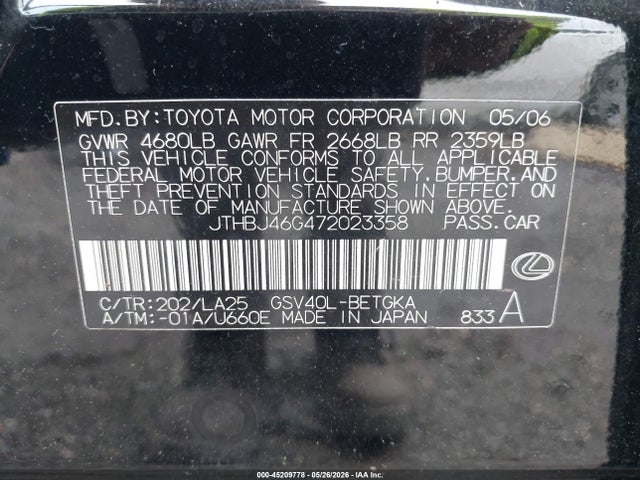 Продаж на аукціоні авто 2007 Lexus Es 350, vin: JTHBJ46G472023358, номер лоту: 45209778
