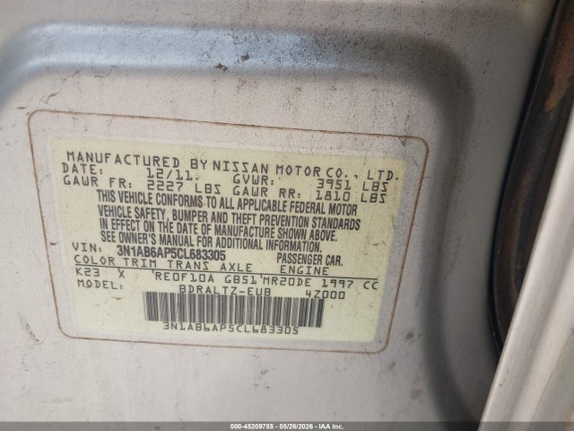 Aukcja sprzedaży 2012 Nissan Sentra 2.0 S, vin: 3N1AB6AP5CL683305, numer aukcji: 45209785