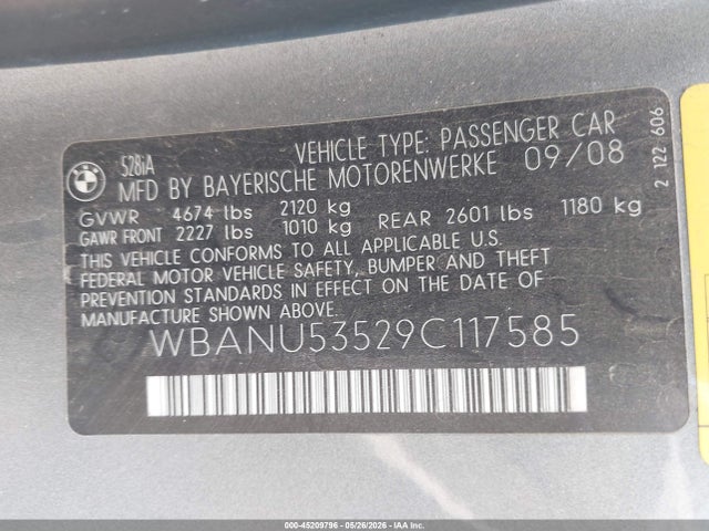 Aukcja sprzedaży 2009 Bmw 528i, vin: WBANU53529C117585, numer aukcji: 45209796