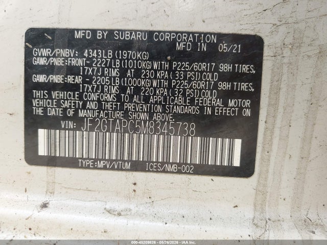 Aukcja sprzedaży 2021 Subaru Crosstrek Premium, vin: JF2GTAPC5M8345738, numer aukcji: 45209826