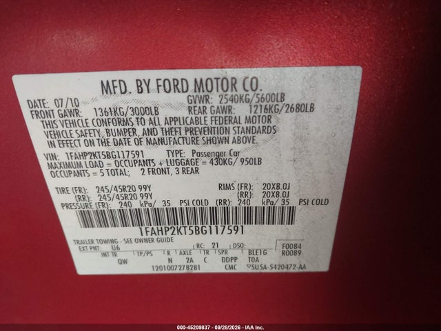 Продажа на аукционе авто 2011 Ford Taurus Sho, vin: 1FAHP2KT5BG117591, номер лота: 45209837