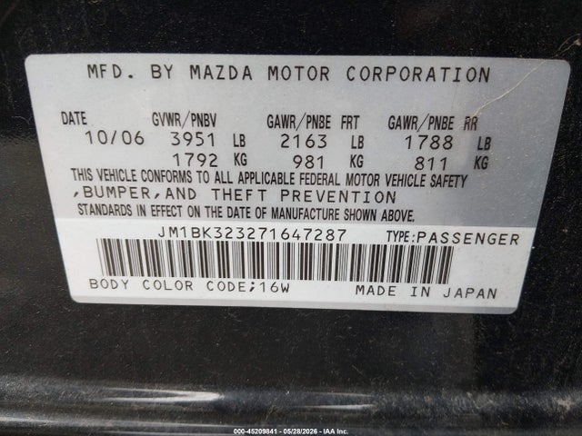 Продаж на аукціоні авто 2007 Mazda Mazda3 S Grand Touring, vin: JM1BK323271647287, номер лоту: 45209841