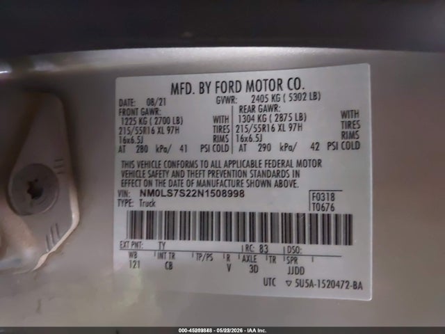 45209848 :رقم المزاد ، NM0LS7S22N1508998 vin ، 2022 Ford Transit Connect Xl مزاد بيع