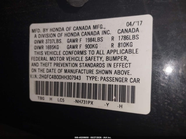 Продажа на аукционе авто 2017 Honda Civic Lx-p, vin: 2HGFC4B00HH307943, номер лота: 45209850