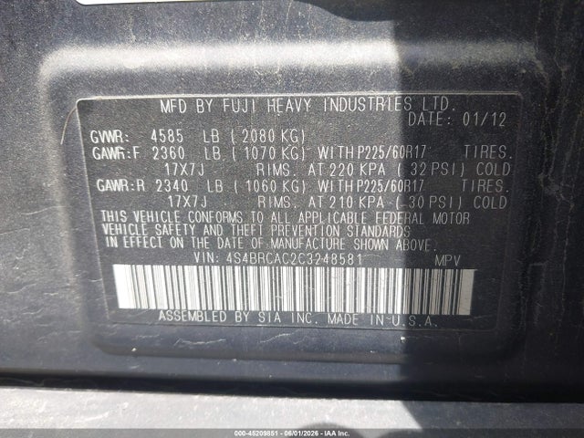 Продажа на аукционе авто 2012 Subaru Outback 2.5i, vin: 4S4BRCAC2C3248581, номер лота: 45209851