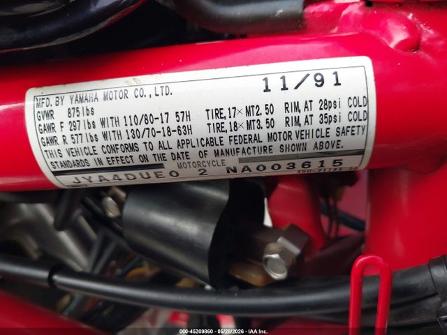 45209860 :رقم المزاد ، JYA4DUE02NA003615 vin ، 1992 Yamaha Xj600 S مزاد بيع