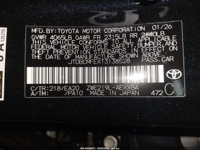 Aukcja sprzedaży 2026 Toyota Corolla Hybrid Hybrid Xle, vin: JTDBCMFEXT3138528, numer aukcji: 45209873