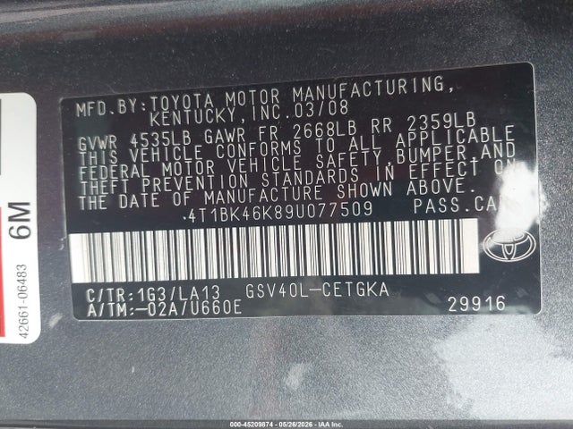 2009 Toyota Camry Xle V6 მანქანა იყიდება აუქციონზე, vin: 4T1BK46K89U077509, აუქციონის ნომერი: 45209874