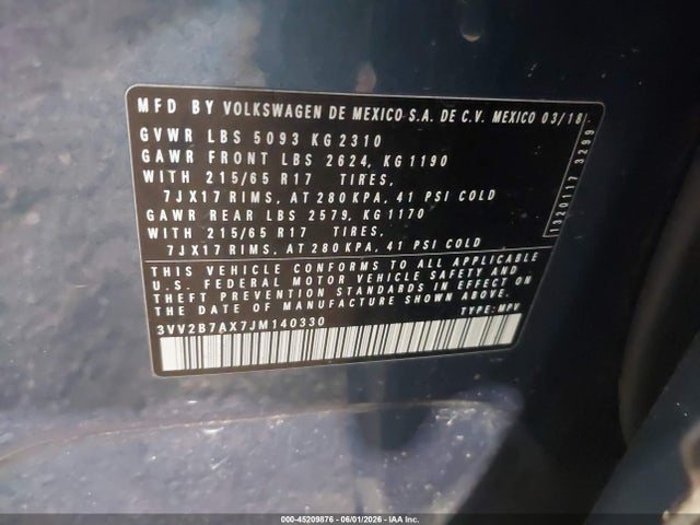 Продаж на аукціоні авто 2018 Volkswagen Tiguan 2.0t Se/2.0t Sel, vin: 3VV2B7AX7JM140330, номер лоту: 45209876