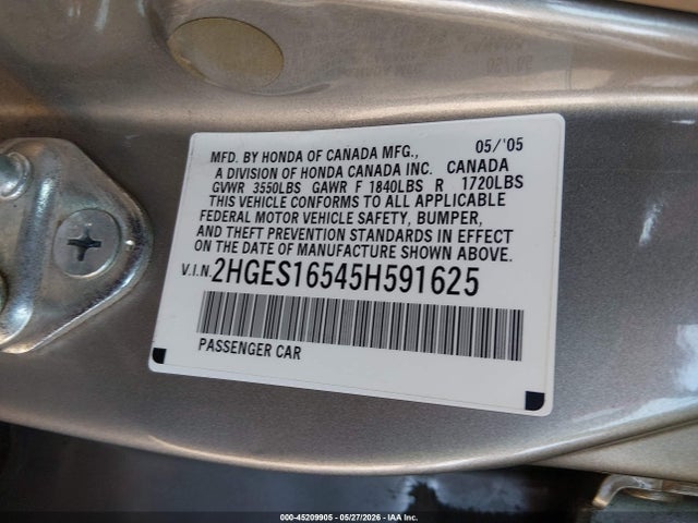 Auction sale of the 2005 Honda Civic Lx, vin: 2HGES16545H591625, lot number: 45209905
