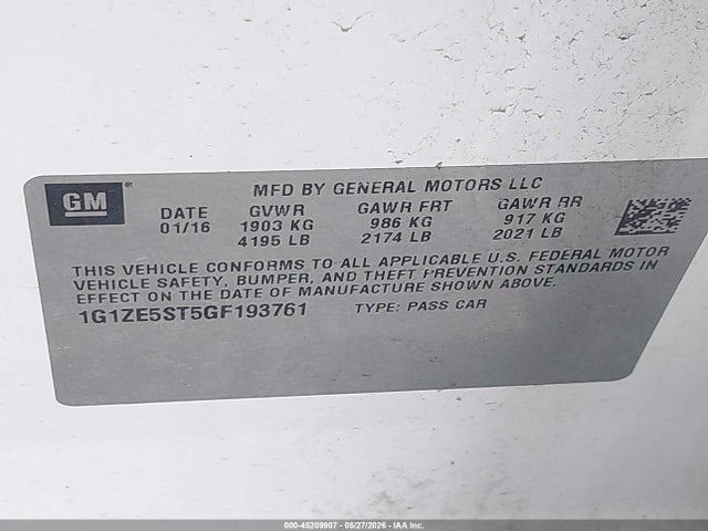Auction sale of the 2016 Chevrolet Malibu 1lt, vin: 1G1ZE5ST5GF193761, lot number: 45209907