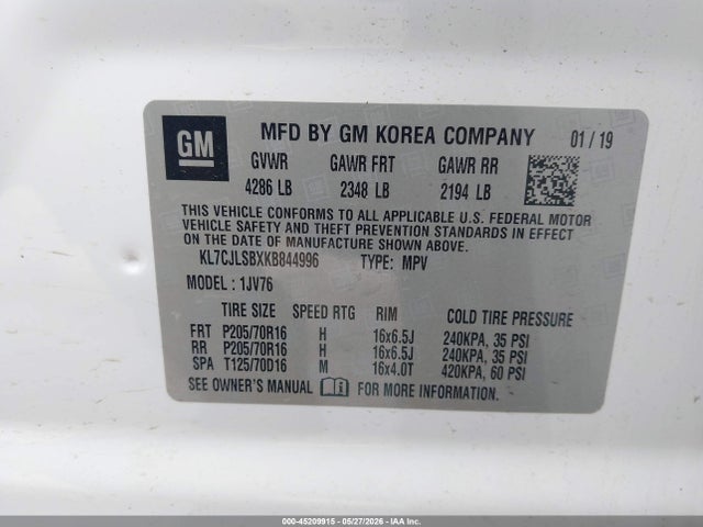 Aukcja sprzedaży 2019 Chevrolet Trax Lt, vin: KL7CJLSBXKB844996, numer aukcji: 45209915
