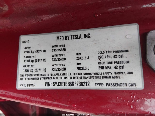 Продаж на аукціоні авто 2019 Tesla Model 3 Long Range/performance, vin: 5YJ3E1EB8KF238312, номер лоту: 45209933