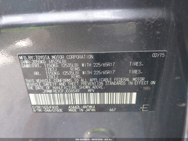 Продажа на аукционе авто 2015 Toyota Rav4 Xle, vin: JTMWFREV2FJ036549, номер лота: 45209935
