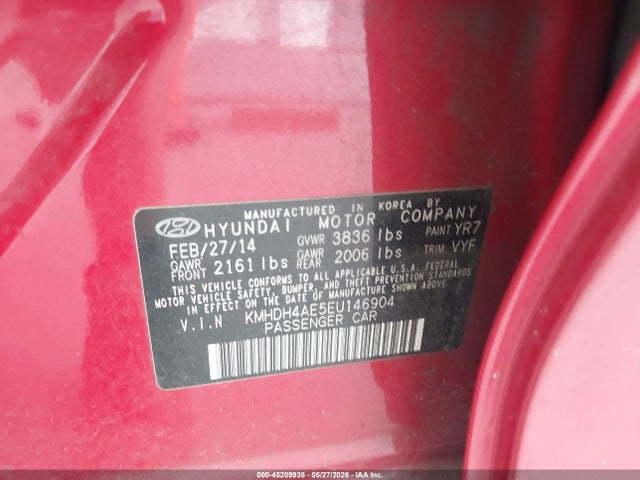 Aukcja sprzedaży 2014 Hyundai Elantra Se, vin: KMHDH4AE5EU146904, numer aukcji: 45209938