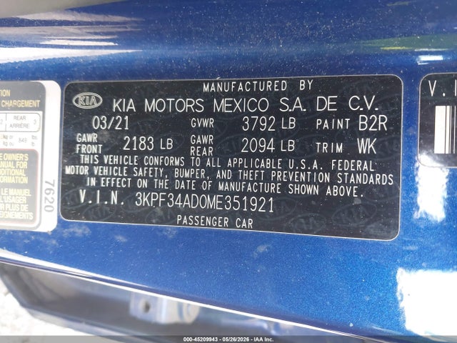 2021 Kia Forte Gt-line მანქანა იყიდება აუქციონზე, vin: 3KPF34AD0ME351921, აუქციონის ნომერი: 45209943