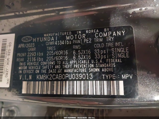 Продажа на аукционе авто 2023 Hyundai Kona Se, vin: KM8K2CAB0PU039013, номер лота: 45209944