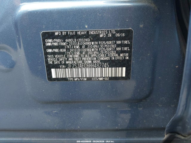 2017 Subaru Forester 2.5i Premium მანქანა იყიდება აუქციონზე, vin: JF2SJAEC6HH482745, აუქციონის ნომერი: 45209959
