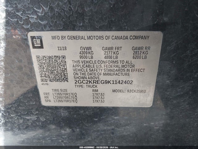 45209962 :رقم المزاد ، 2GC2KREG9K1142402 vin ، 2019 Chevrolet Silverado 2500hd Wt مزاد بيع