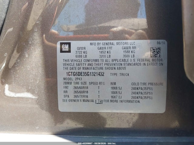Aukcja sprzedaży 2016 Gmc Canyon Slt, vin: 1GTG6DE35G1321432, numer aukcji: 45209987