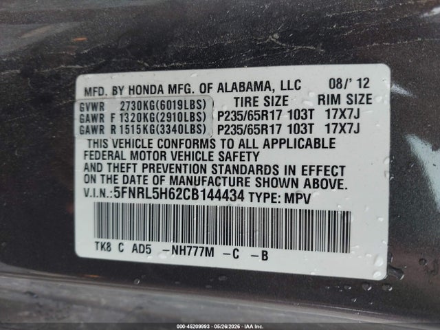 Продаж на аукціоні авто 2012 Honda Odyssey Ex-l, vin: 5FNRL5H62CB144434, номер лоту: 45209993