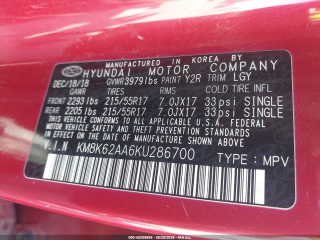 KM8K62AA6KU286700 Hyundai Kona Sel
