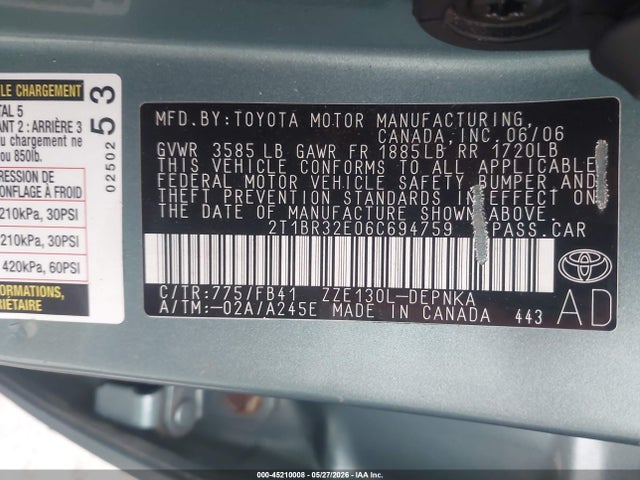 45210008 :رقم المزاد ، 2T1BR32E06C694759 vin ، 2006 Toyota Corolla Le مزاد بيع