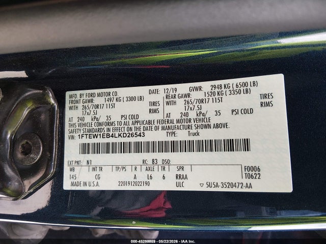 2020 Ford F-150 Xl მანქანა იყიდება აუქციონზე, vin: 1FTEW1EB4LKD26543, აუქციონის ნომერი: 45210009