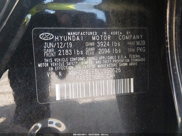 2020 Hyundai Elantra Se მანქანა იყიდება აუქციონზე, vin: KMHD74LF5LU950626, აუქციონის ნომერი: 45210011