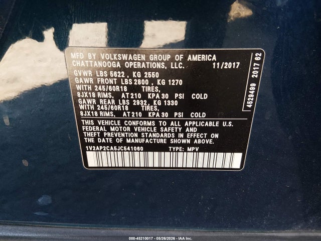 Продажа на аукционе авто 2018 Volkswagen Atlas 2.0t S, vin: 1V2AP2CA5JC541060, номер лота: 45210017