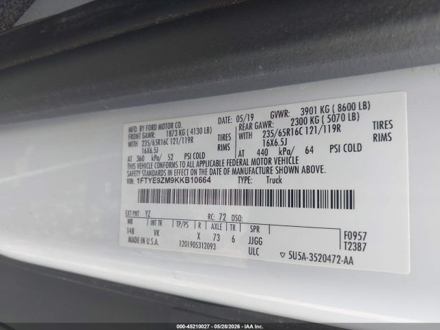 Aukcja sprzedaży 2019 Ford Transit-150, vin: 1FTYE9ZM9KKB10664, numer aukcji: 45210027
