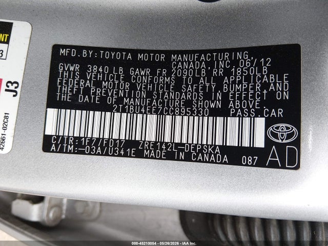 2012 Toyota Corolla S მანქანა იყიდება აუქციონზე, vin: 2T1BU4EE7CC895330, აუქციონის ნომერი: 45210054